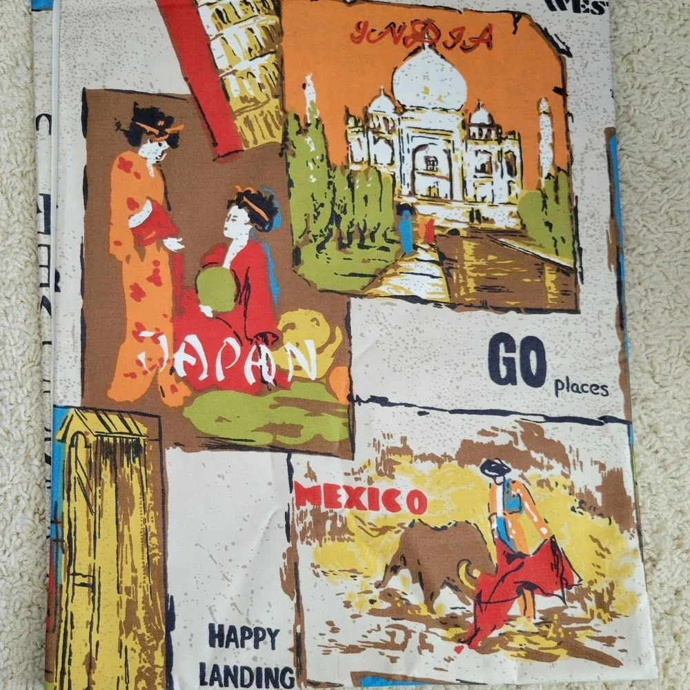 Vintage Gabrielle Cie Fabric 108x46 Travel Global Print Vat Preshrunk Mid Centry